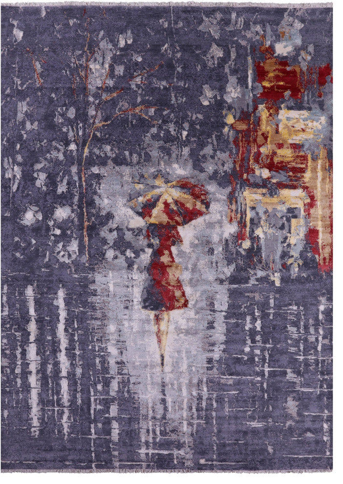 9' 11" X 13' 10" Handmade Wool & Silk Woman Under The Rain Rug - Q13156