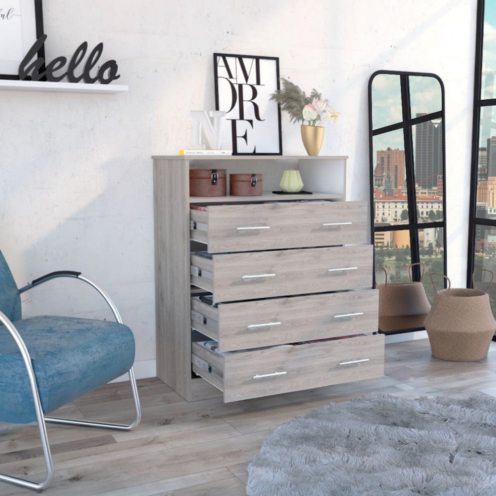 Lagos 4 Drawer Dresser with Open Shelf and Metal Handles, Light Gray