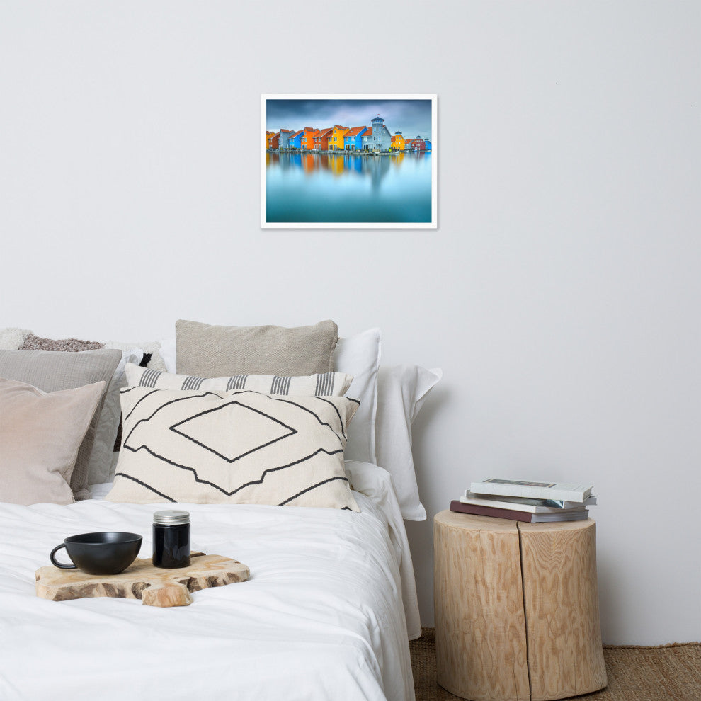 Blue Morning at Waters Edge Landscape Framed Photo Paper Wall Art Prints, White, 18" X 24"