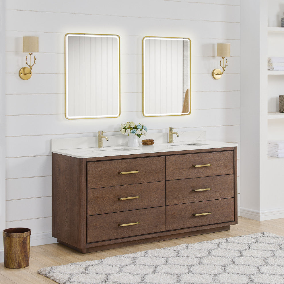 Porto Bath Vanity with White Quartz Stone Top, Dark Brown Oak, 72 in., No Mirror