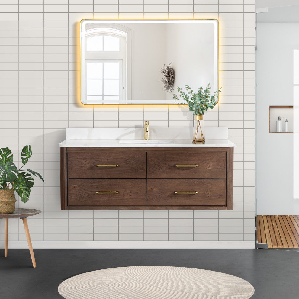 Cristo Floating Bath Vanity With Stone Top, Aged Dark Brown Oak, 55in., With Mirror
