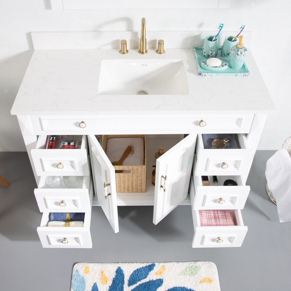 Solid Wood Bathroom Vanity with Quartz Top and cUPC Certified Sink, White, 48 Inch