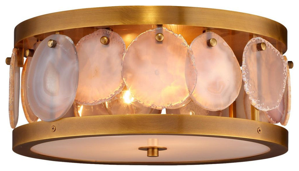 Luxe Genuine Agate Stone Slice Semi Flush Mount Fixture 15 in Round Brass Gold