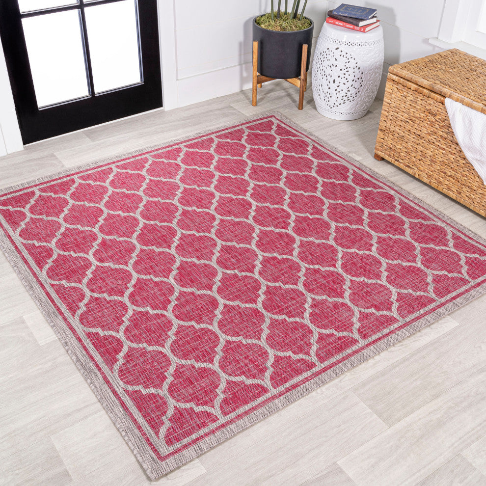 Trebol Moroccan Trellis Textured Weave Indoor/Outdoor, Fuchsia/Light Gray, 5' Square