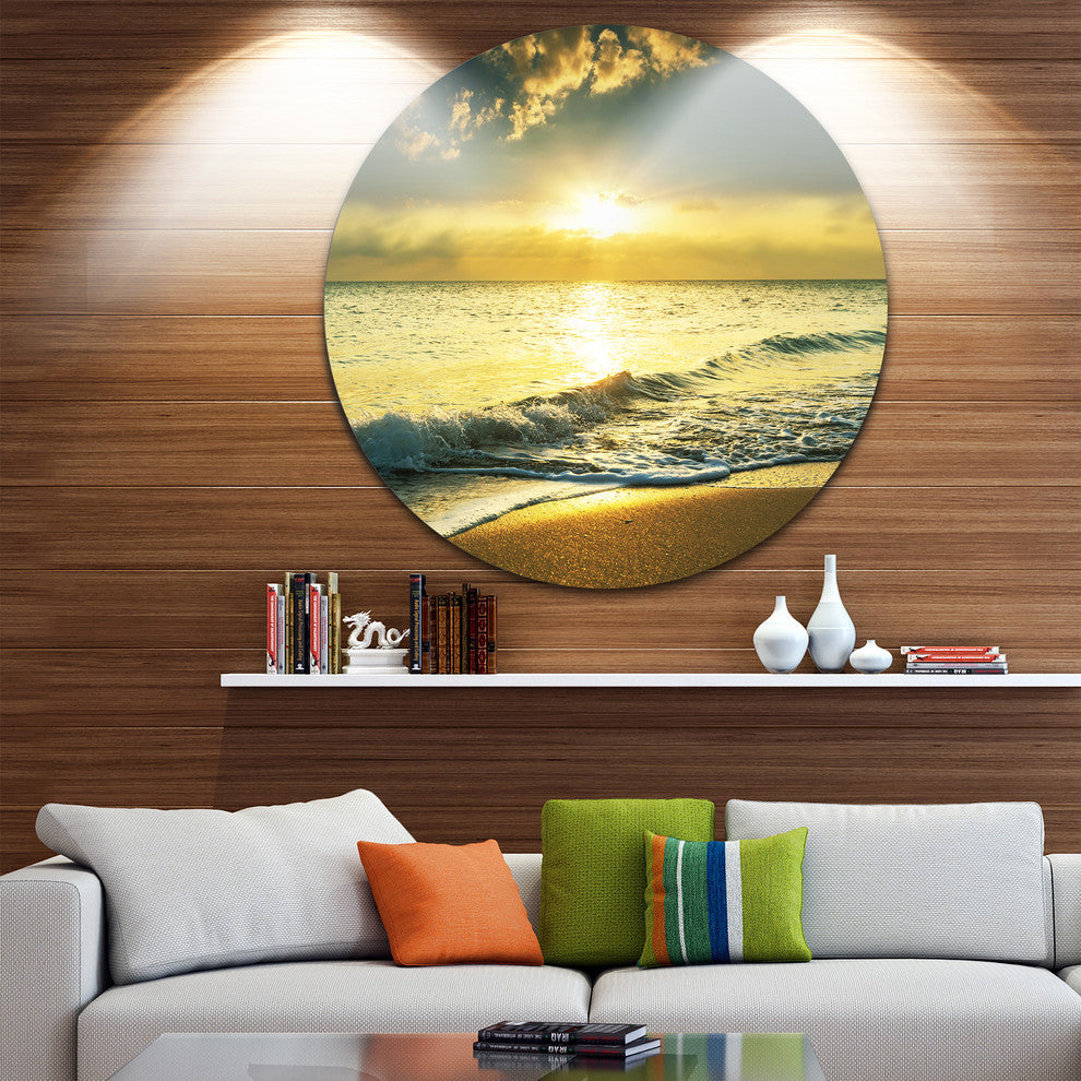 Yellow Sunlight Over Crystal Waters, Seashore Round Metal Wall Art, 23"