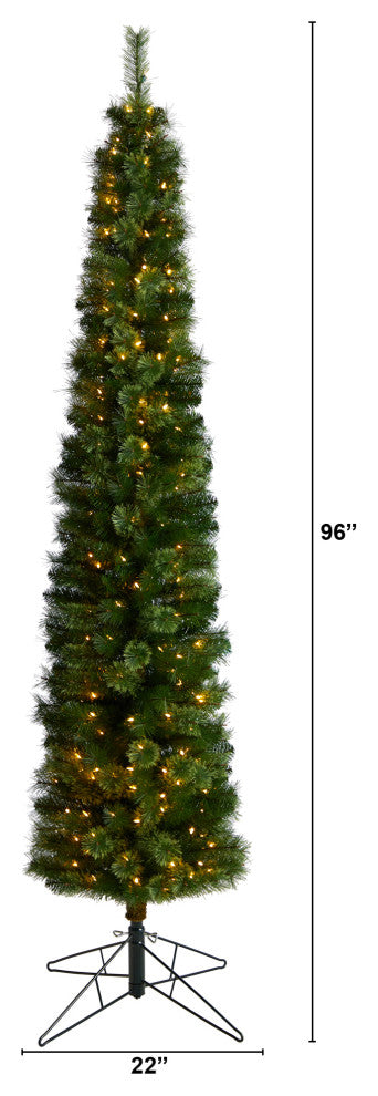 8' Green Pencil Artificial Christmas Tree With 200 Clear, LED Lights