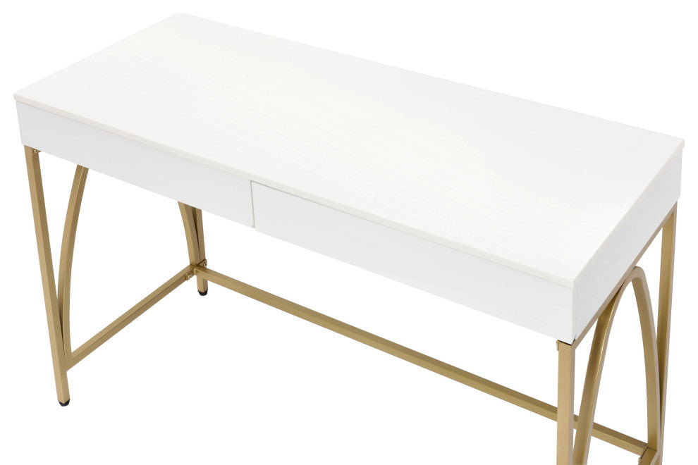 Benzara BM211100 Wooden Frame Desk With 2 Drawers and Metal Legs, White and Gold