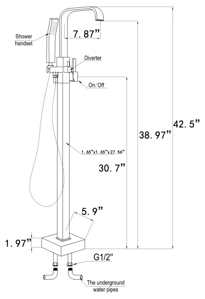 AKDY 42" Freestanding Bathtub Faucet Floor Mount Tub Filler Handheld Bath Shower