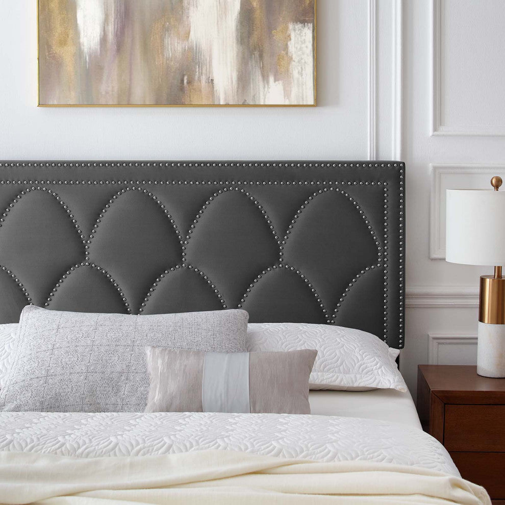 Platform Bed Frame, Nailhead, Queen Size, Charcoal Gray, Velvet, Modern