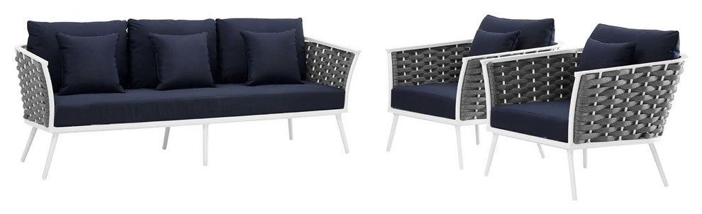 Stance 3 Piece Outdoor Patio Aluminum Sectional Sofa Set, White Navy