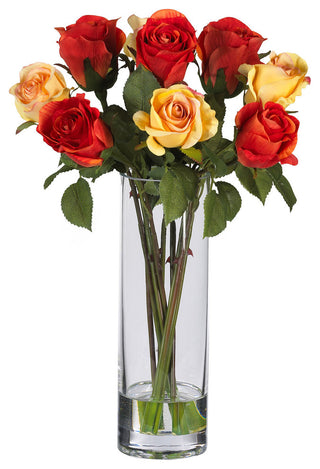 Roses With Glass Vase Silk Flower Arrangement