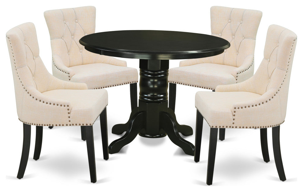 5Pc Dining Set, Round Table, Four Parson Chairs, Light Beige Fabric, Black