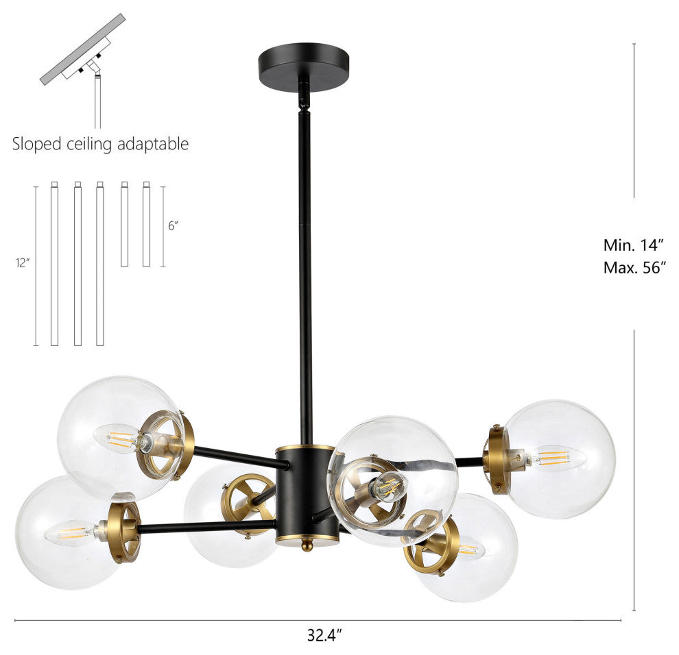 Modern 6-Light Sputnik Chandelier With Glass Globe Shades, Clear Glass Shades