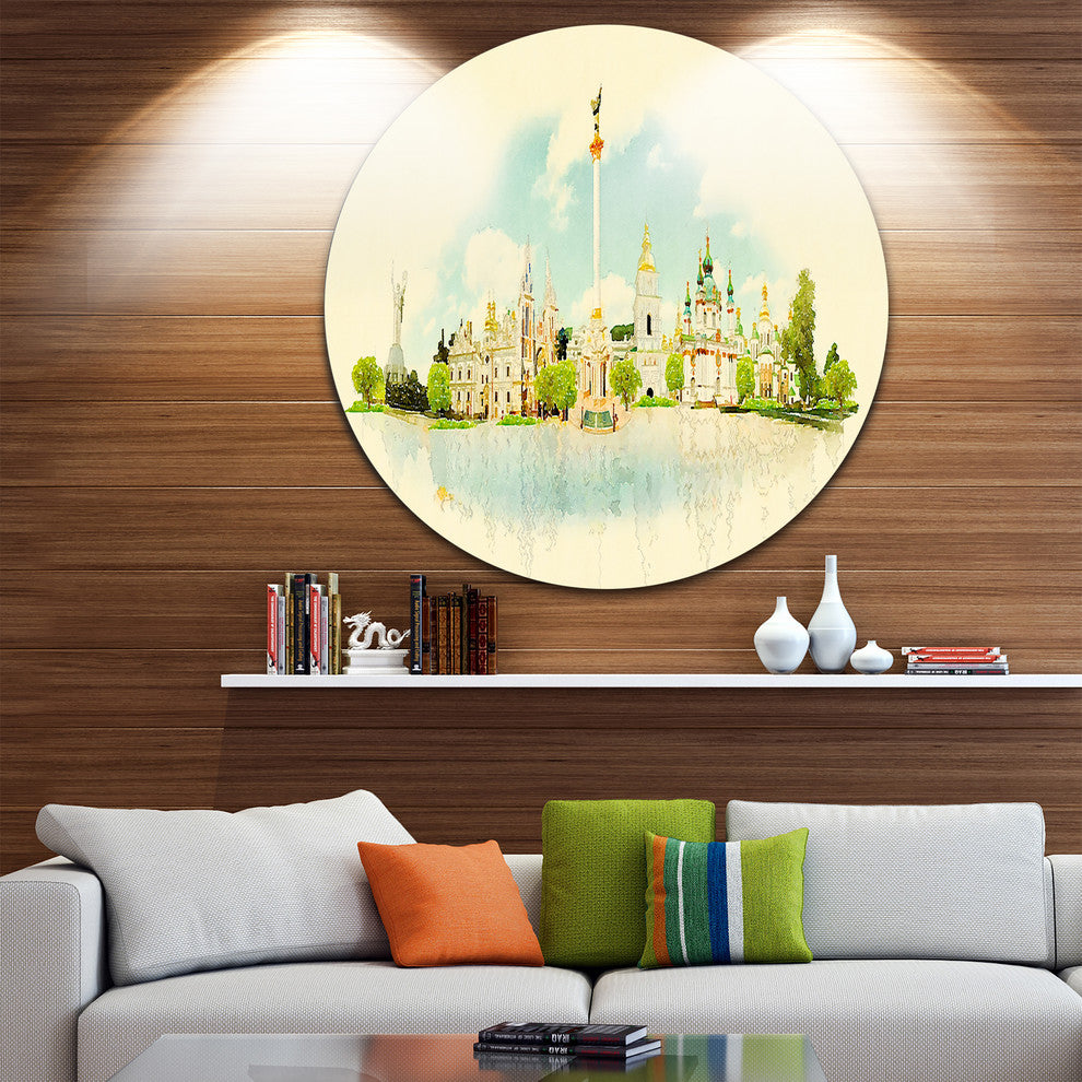 Kiev Panoramic View, Cityscape Watercolor Round Wall Art, 23"