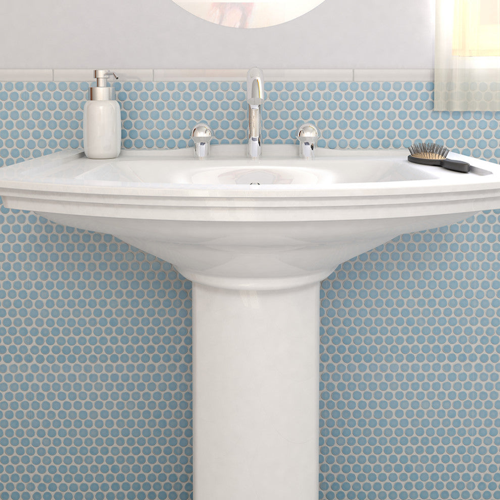 Penny Porcelain Mosaic Floor and Wall Tile, Light Blue, Sample