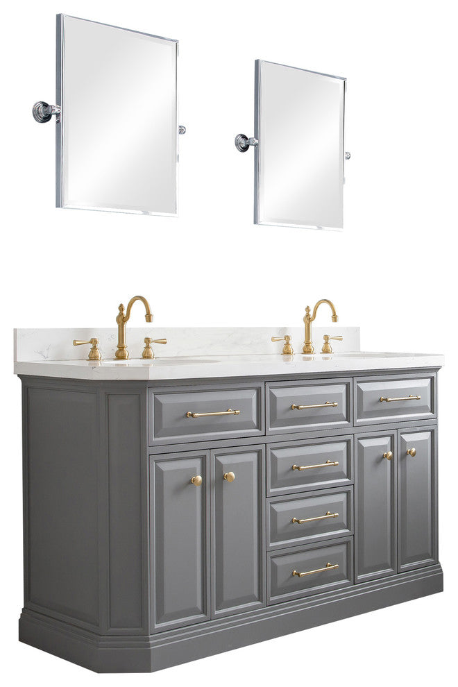 60" Palace Quartz Carrara Cashmere Gray Vanity With Satin Brass and Mirrors