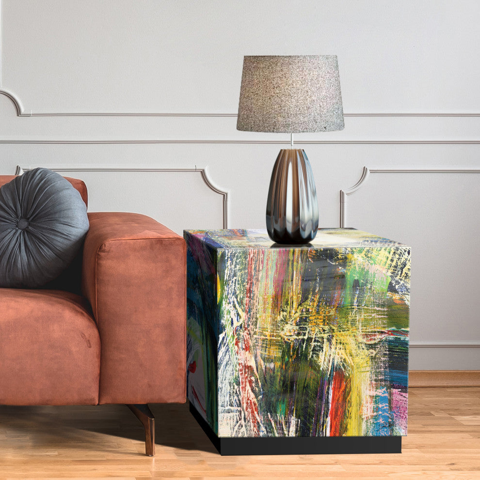 "Graffiti Rock Star II" Reverse Printed Glass Side Table with Black Plinth Base