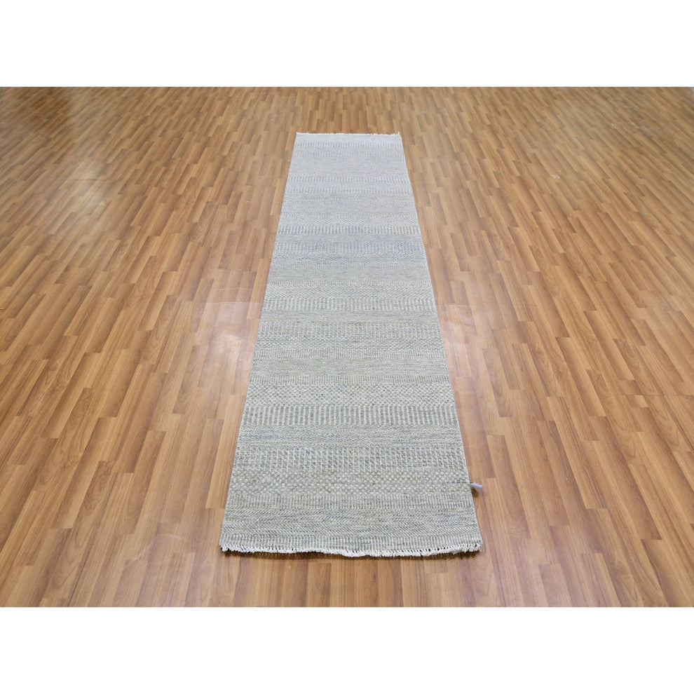 Pastel Gray Hand Knotted Grass Design Organic Undyed Wool Runner Rug 2'6"x10'2"