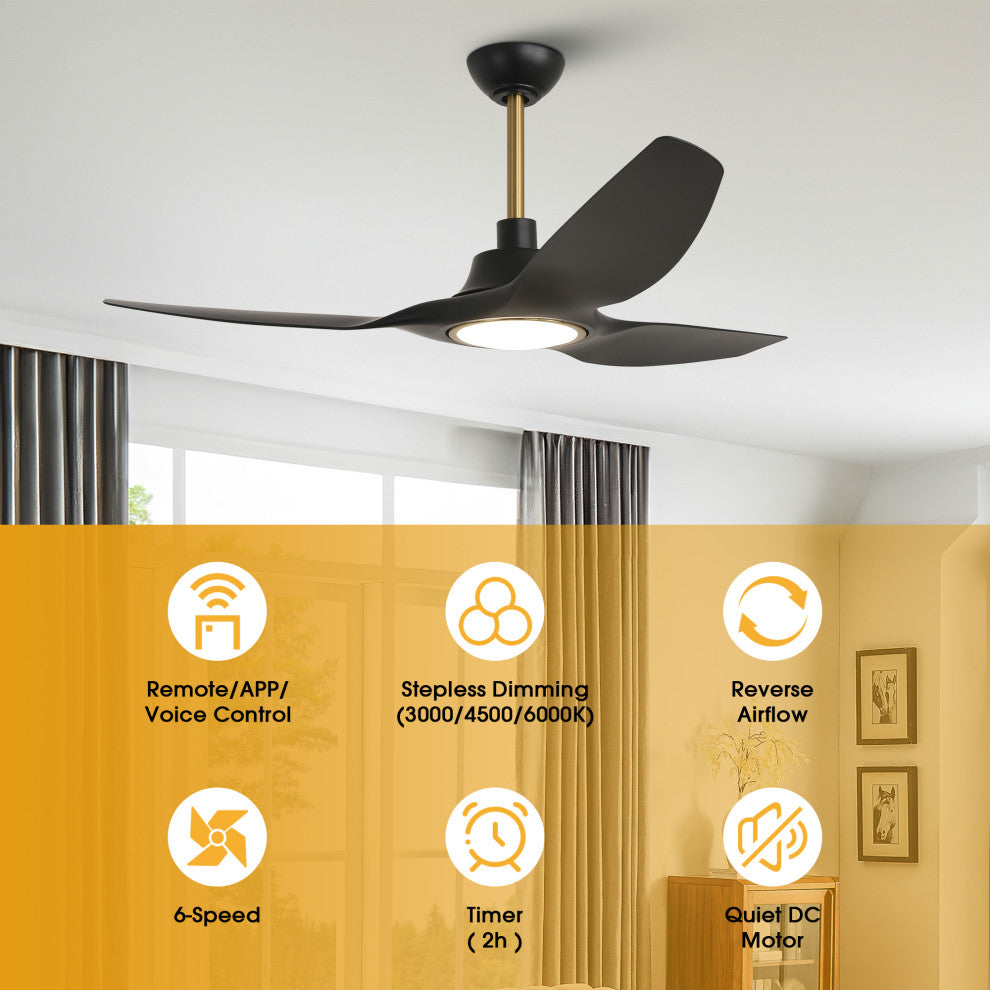 52-inch Modern Black LED Smart Ceiling Fan with Remote