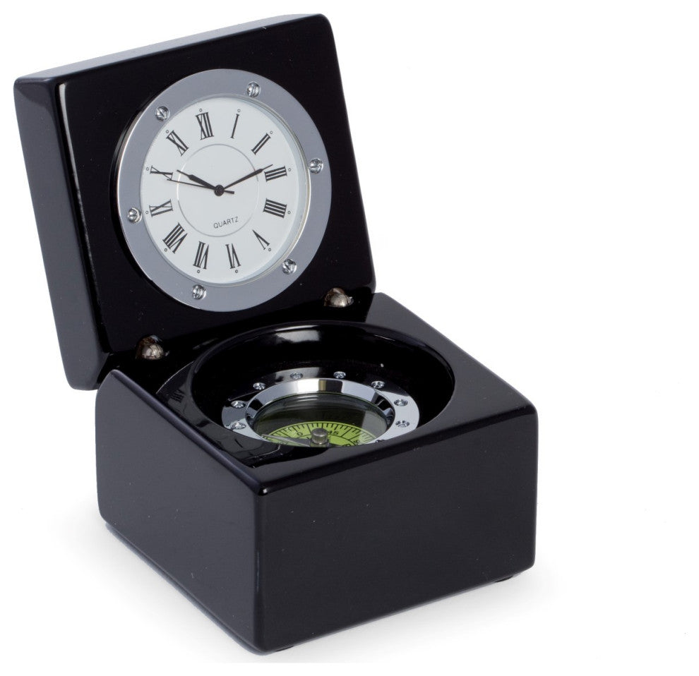 Compass and Clock, Lacquered Black Finish Hinged Box, Chrome Accents