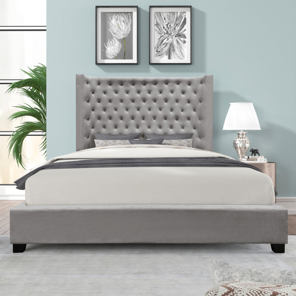 Jamie Upholstered Tower High Profile Contemporary Bed, Gray, Eastern King