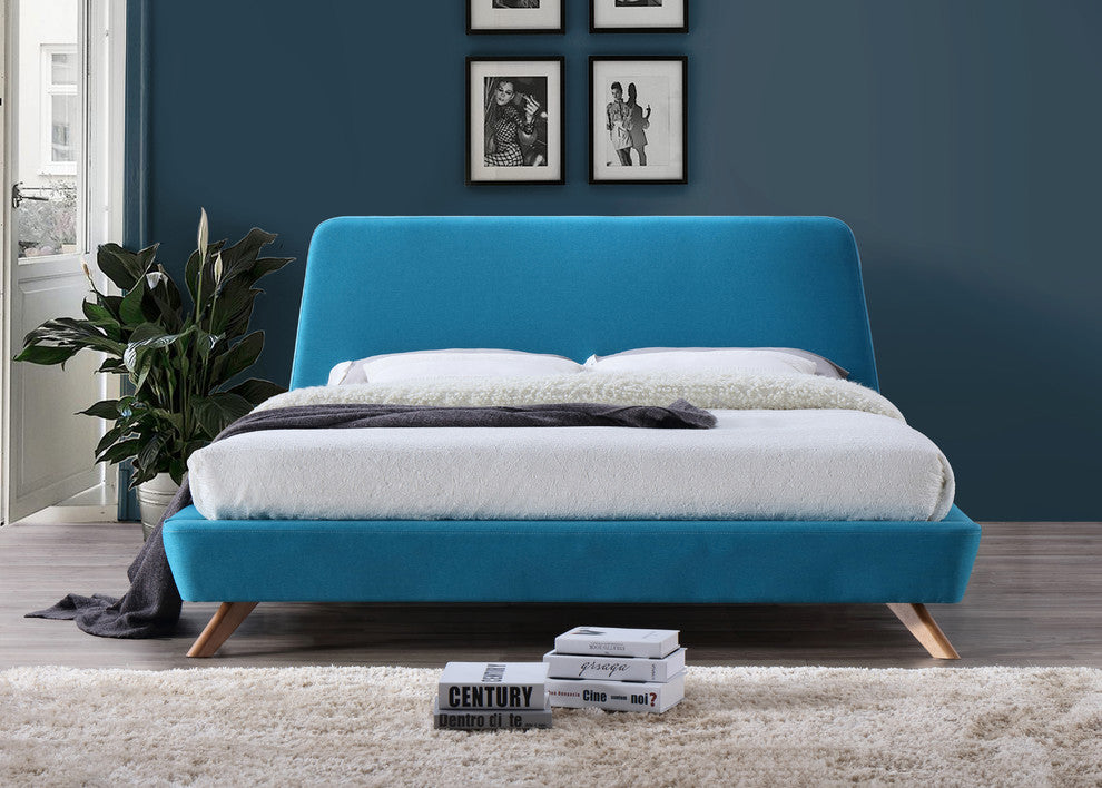 Henry Mid-Century Modern Upholstered Platform Bed, Blue, King