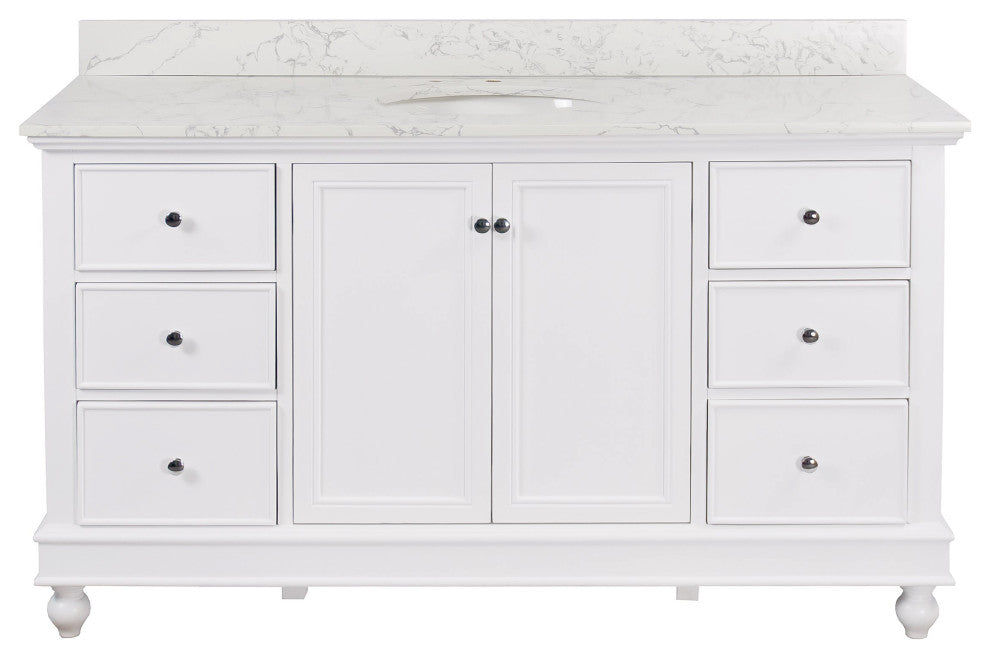 Bella 60" Single Bathroom Vanity, White, Engineered Marble