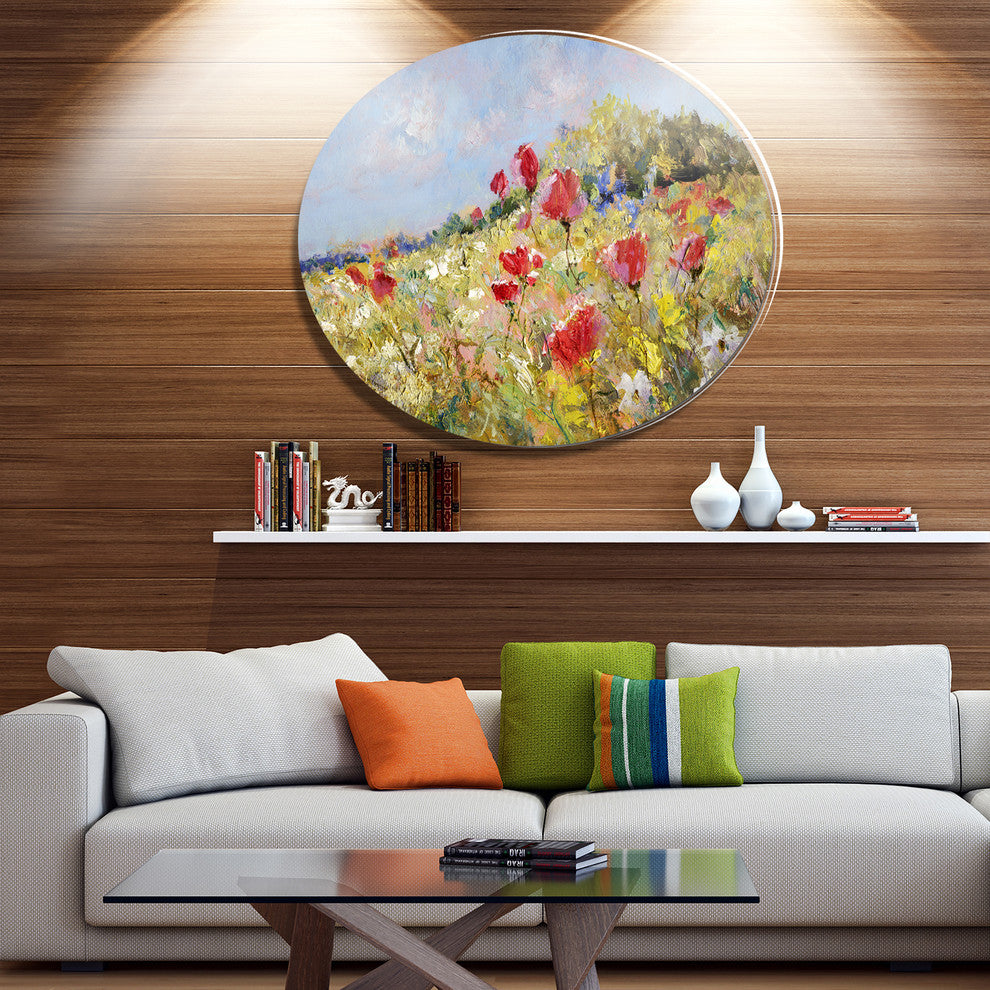 Painted Poppies On Summer Meadow, Landscape Round Metal Wall Art, 23"