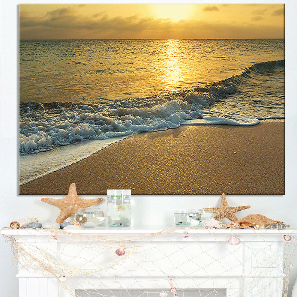 "White Waves Under Yellow Sunset" Modern Beach Canvas Art Print, 40"x20"