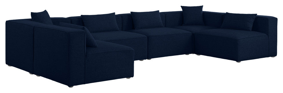 Cube Upholstered Modular Sectional, Navy, 6-Piece: 4 Armless Chair, 2 Corner Chair, Linen Texured Fabric