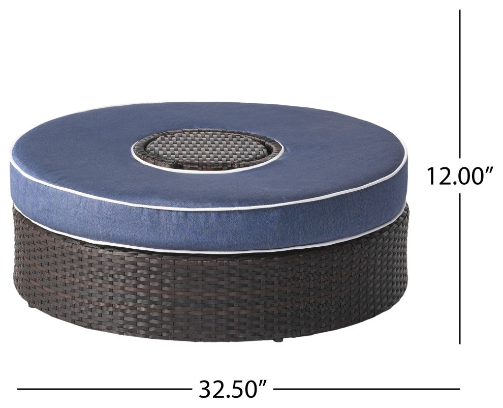Mia Outdoor 4-Seater Wicker Curved Sectional Set With Wedge Tables, Navy, Ice Bucket Ottoman