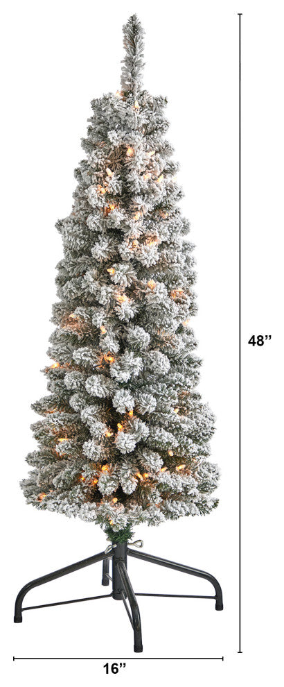 Nearly Natural 4ï¿½ Flocked Pencil Artificial Christmas Tree with 100 Clear Lights