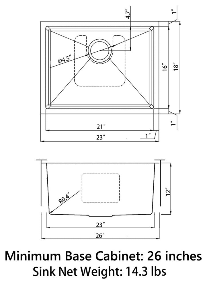 Sinber Single Bowl Kitchen Sink with 304 Stainless Steel Satin Finish, 23"x18"x12", Undermount