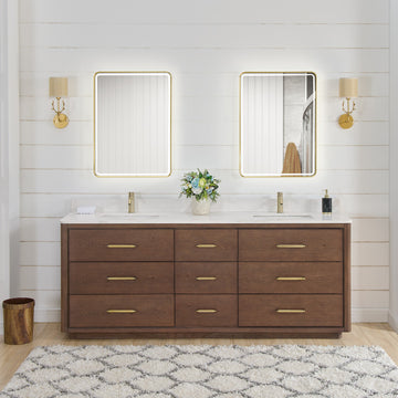 Porto Bath Vanity with White Quartz Stone Top, Dark Brown Oak, 84", No Mirror