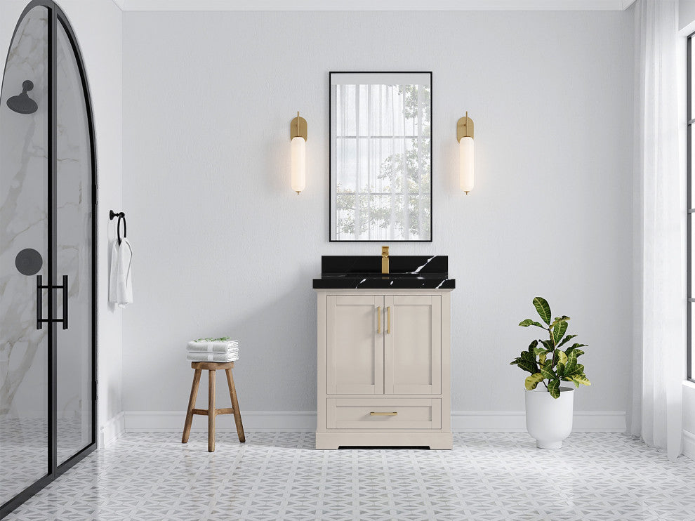 Boston 30" Single Sink Bath Vanity in Fine Grain 2" Calacatta Black