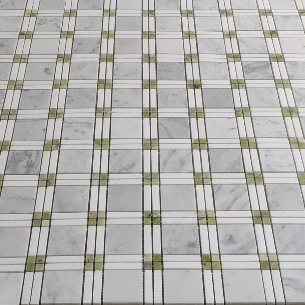 Carrara White Marble Plaid Tartan Mosaic Tile Green Thassos Polished, 1 sheet