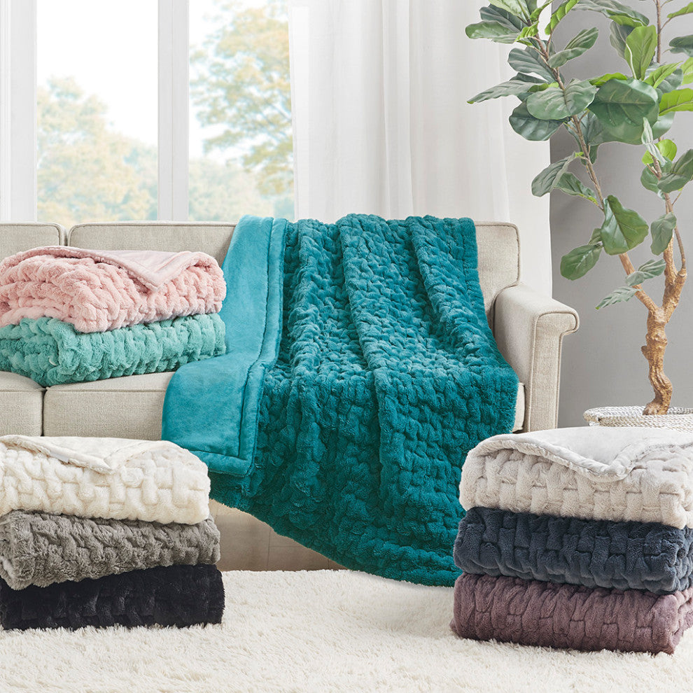 Madison Park Ruched Fur Throw, Ivory
