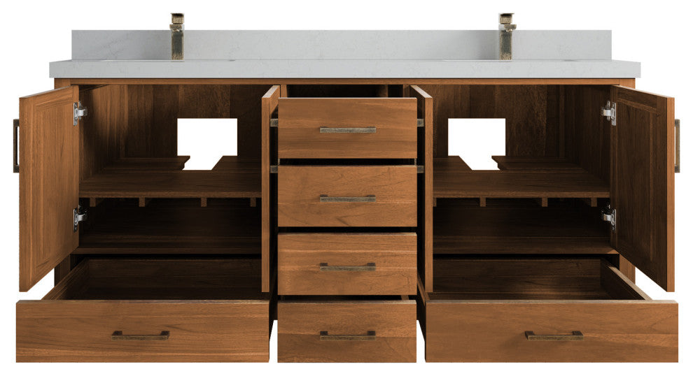 Malibu Teak 72 Double Sink Bath Vanity in Golden Teak 2" Carrara Quartz