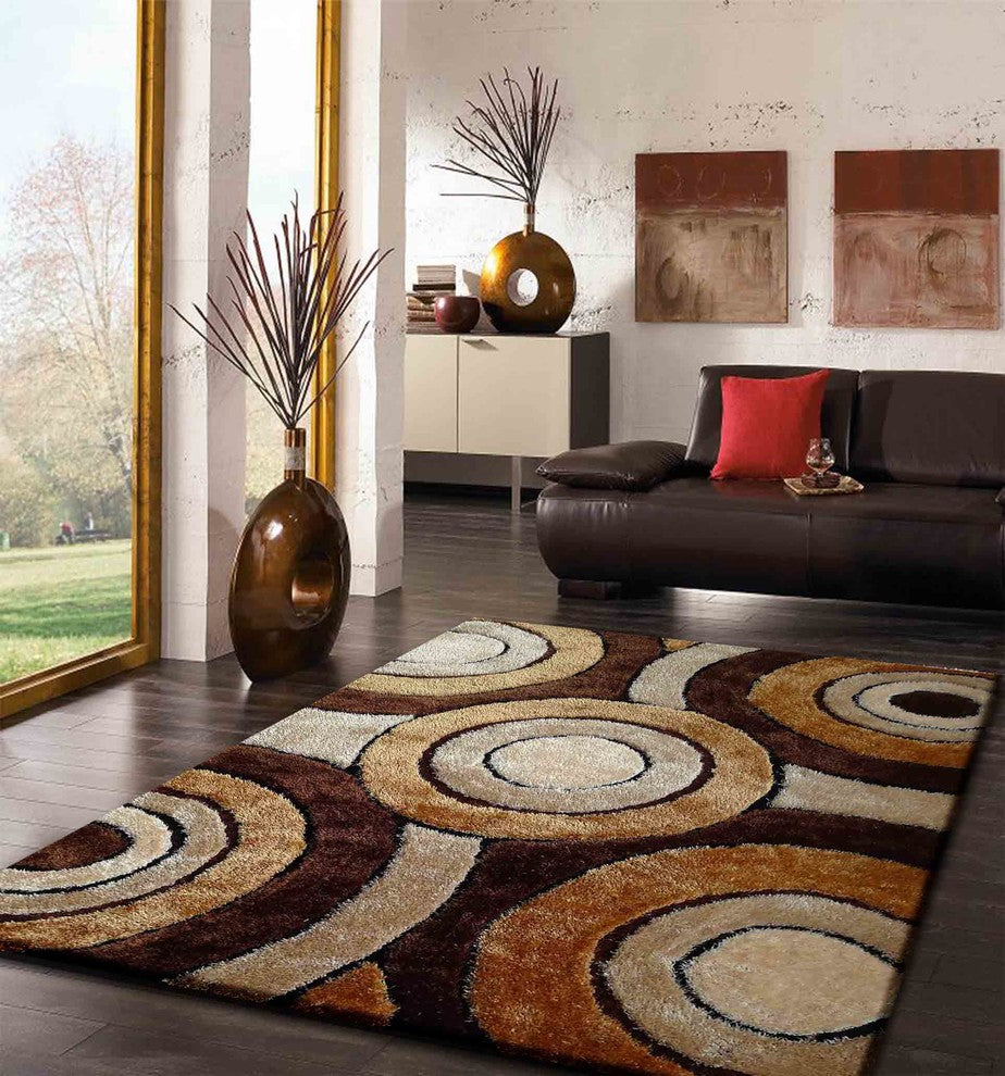 Geometric Shaggy Design Brown Hand-Tufted Area Rug, 5'x7'