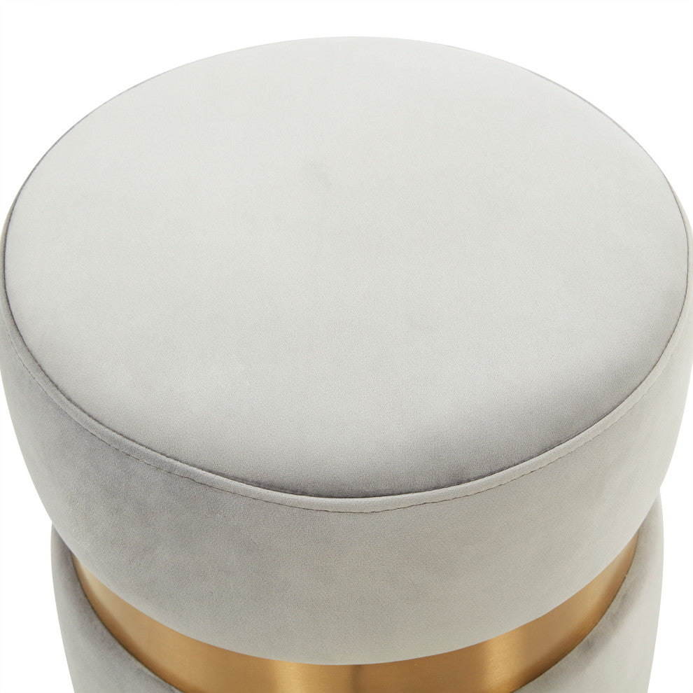 LeisureMod Troy Modern Round Velvet Ottoman Footrest Gold Band, Light Grey