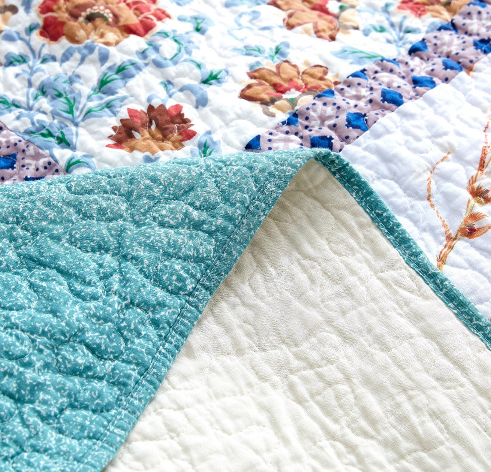 Cotton Pastel Blue Yellow Old World Hummingbirds Garden Patchwork Quilt, King