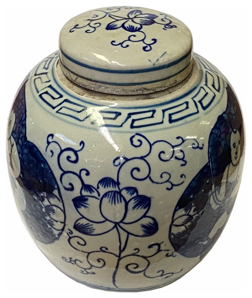 Chinese Oriental Small Blue White Twin Kids Porcelain Ginger Jar Hws1858