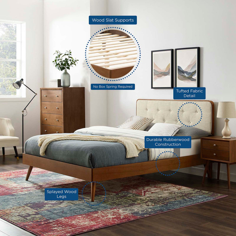 Platform Bed Frame, Queen Size, Fabric, Wood, Brown Walnut Beige, Modern