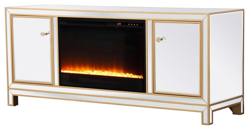 Rosie 60" Mirrored TV Stand With Crystal Fireplace, Gold