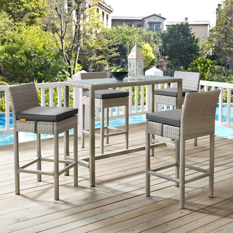 Modern Outdoor Bar Dining Chair and Table Set, Fabric Glass Rattan, Dark Gray