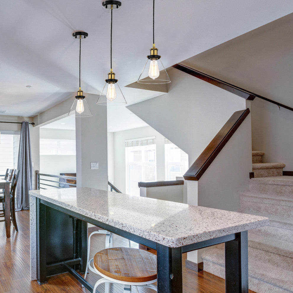 1-Light Black and Antique Brass Mini Pendant Light With Clear Glass Shade