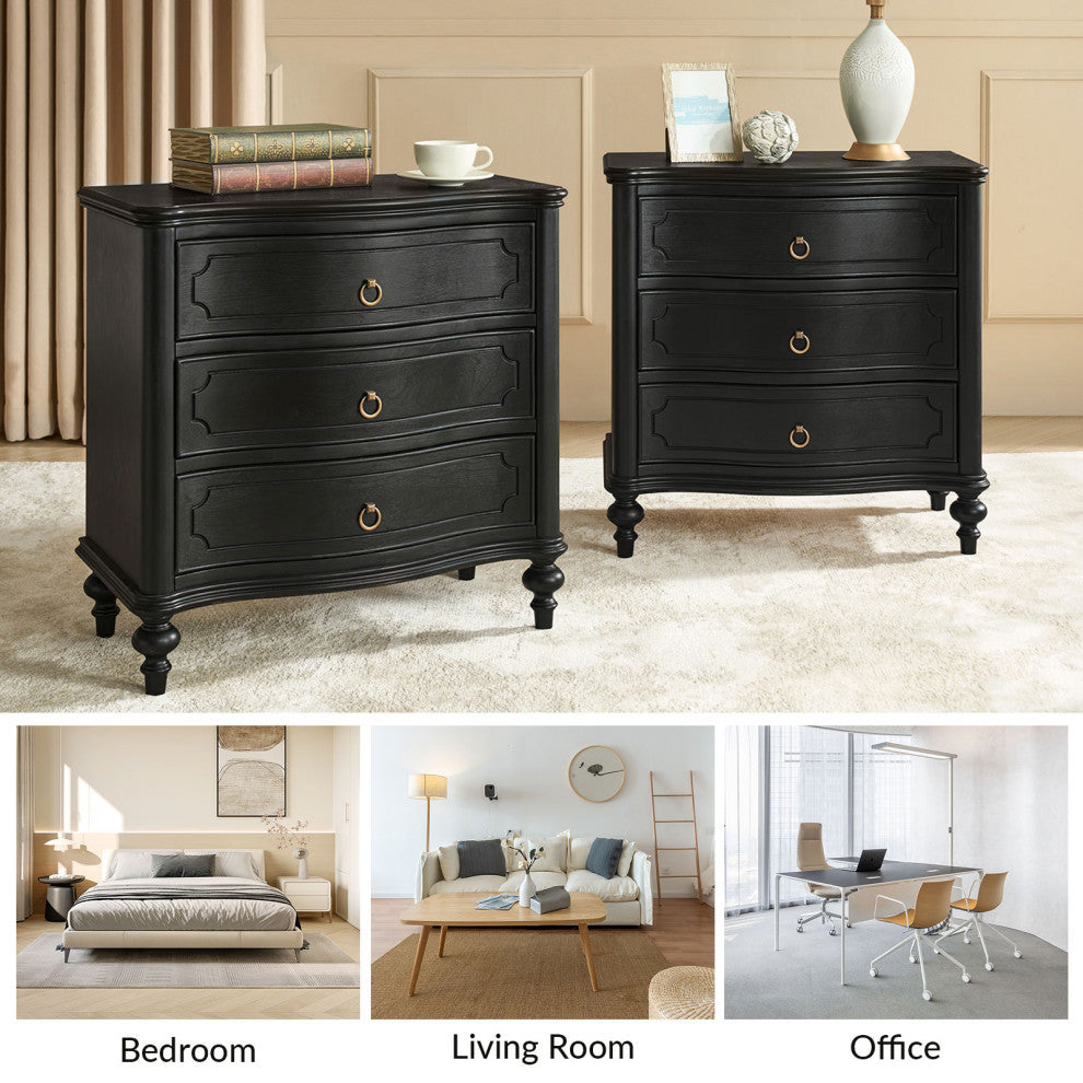 3-Drawer Nightstand With Solid Wood Legs and Built-In Outlets, Set of 2, Black
