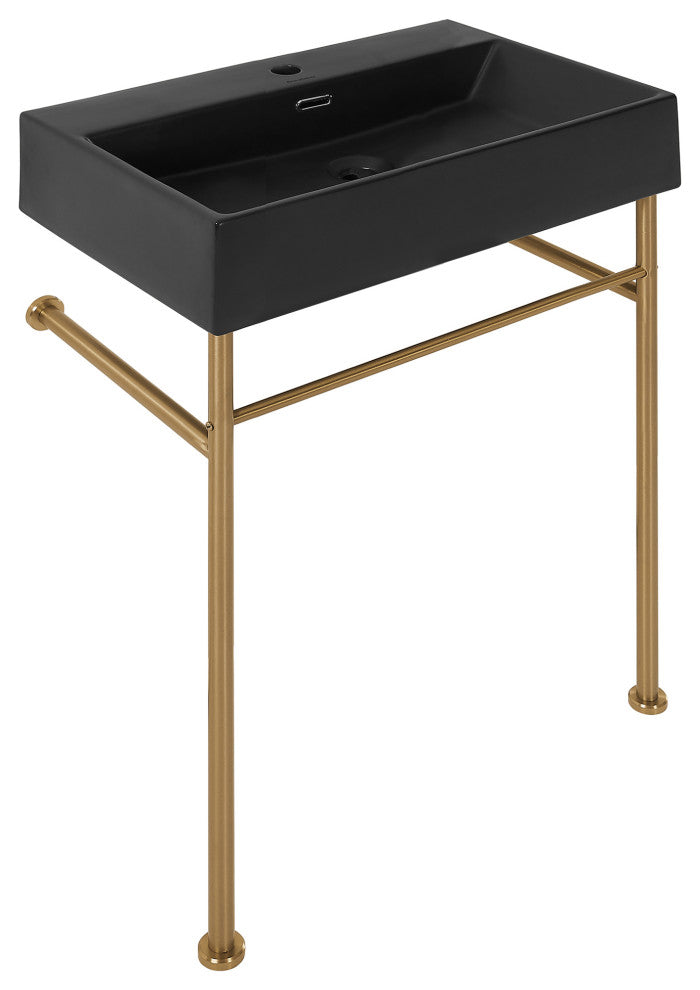 Claire 24" Ceramic Console Sink Matte Black Basin Gold Legs, Brushed Gold