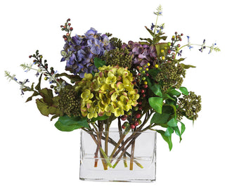 Mixed Hydrangea With Rectangle Vase Silk Flower Arrangement