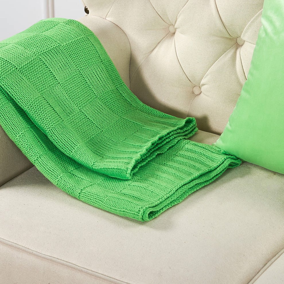 Checker Cable Throw & Pillow Shell 3 Piece Combo Set, Green Flash, 50"x60"